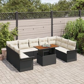 10 Részes Kerti Étkező Szett Párnákkal Fekete Poly Rattan Akáciával