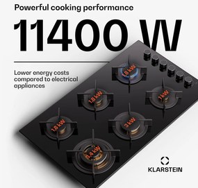 Klarstein Goldflame 6, gáz főzőlap, önálló, 6 égő, oldalsó vezérlés, gáz/propán, üvegkerámia, fekete