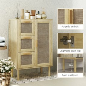 HOMCOM Fürdőszoba Tároló Szekrény, Bohém Stílusú Tárolóegység Fiókkal és Szekrénnyel, Állítható Polcokkal, Rattan Ajtóval, Fürdőszobába, Nappaliba, Ko