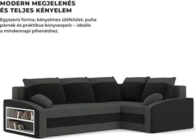 Grande sarokkanapé polcokkal , polc a bal karfaban, jobboldali, szövet anyag, hab töltet, szürke - fekete