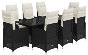 9 részes fekete polyrattan kerti bisztrógarnitúra párnákkal