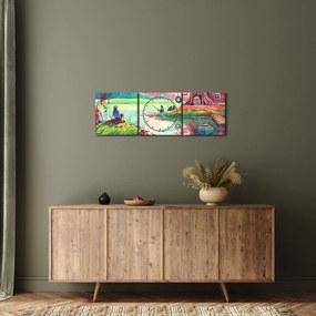 Kép - akvarell, Öböl egy hegyi faluban (órával) (90x30 cm)