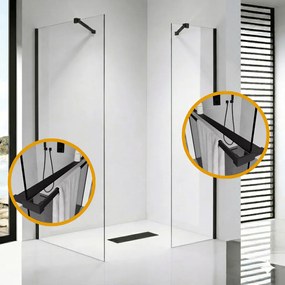 Stuxi Milano Easy Black Kombi Plus 2 Walk-in zuhanyfal, 100x100 cm, 8 mm vastag vízlepergető biztonsági üveggel, helytakarékos stabilizátorral, 2 polccal