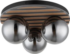 Globo 54343-3 Mennyezeti lámpa, matt fekete fém, sötét fa hatású MDF, füstszínű üveggömbök, ø: 390 mm, M: 200 mm, 3xE27 40W 230 V izzók nélkül