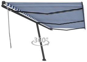 kék és fehér kézzel kihúzható póznás napellenző 600 x 300 cm