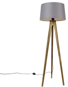 Rusztikus állólámpa vintage fa talppal és lenvászon búrával sötétszürke 45 cm - Tripod Classic