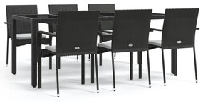 7 részes fekete polyrattan kerti étkezőgarnitúra párnával