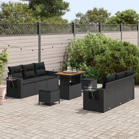 9 részes kerti kanapé szett párnákkal Fekete Poli rattan, Akác, 3 részes kerti étkező szett párnákkal Fekete Poli rattan, Akác