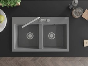 Mexen Hektor kétkamrás gránit mosogató 800 x 480 mm, szürke, króm szifon - 6521802000-71