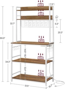 Konyhai állvány polcokkal, 14 akasztóval, rusztikus barna, fehér és 80x40x170cm