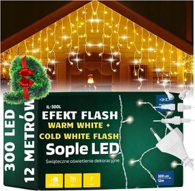 Jégcsap Kültéri Led Lámpa 300LED 12M Flash Fehér Meleg Vastag Kábel