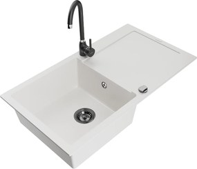 Mexen Leo, gránit mosogató 900x500x190 mm, 1 kamrás és fekete Telma csaptelep, fehér, 6501-20-670200-70