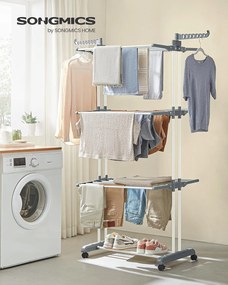 Összecsukható 4 szintes ruhaszárító állvány, mozgatható, 64 x 126 x 172 cm, rozsdamentes acél, lehajtható szárnyakkal, fehér