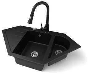 Gránit mosogató NERO Joker + kihúzható zuhanyfejes Snake csaptelep + dugókiemelő (matt fekete)