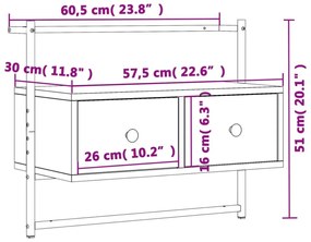 barna tölgyszínű szerelt fa fali TV szekrény 60,5 x 30 x 51 cm