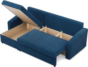 Zeus sarokkanapé, 1 ágyneműtartóval, döntött kartámasz, kordbársony, univerzális oldal, hab töltet, kék