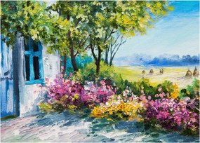 Kép a ház előtti kertről, olajfestmény (üvegen) (70x50 cm)