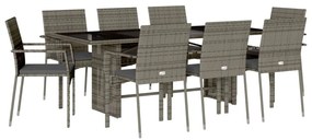 9 részes szürke polyrattan kerti étkezőgarnitúra párnával
