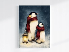 Vászonkép Canvas Akvarell Tél Hó Madarak Pingvinek Világítótorony 75x100