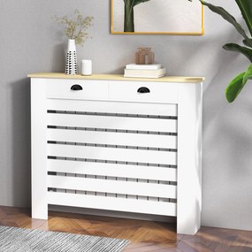 HOMCOM Radiátor Burkolat, Radiátor Képernyő, Horizontális Léc Rács, 2 Fiókkal, Nappalihoz, Hálószobához, Folyosóhoz, Fából, 111 x 19 x 95.5 cm, Fehér