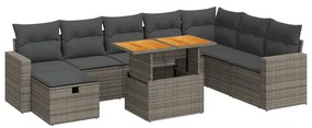 9 részes szürke polyrattan akácfa kerti ülőgarnitúra párnákkal
