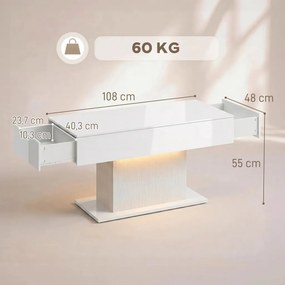 HOMCOM Dohányzóasztal tárolóval, LED magasfényű, modern, 2 fiókkal és távirányítóval, fehér