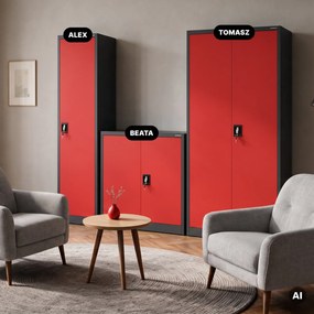 Zárható kartotékszekrény iratokhoz, antracit-piros, 450x1850x400 mm: ALEX