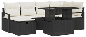 7 Darabos Kert Nappali Készlet Párnákkal Fekete Poli Rattan, 2 Fős Kert Nappali Párnákkal Fekete Poli Rattan