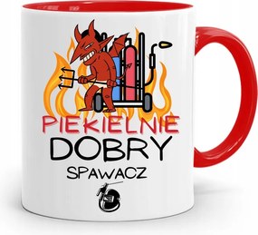 Piros Ajándék Bögre Pokolian Jó Hegesztő, fényképes nyomattal