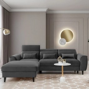 Sötétszürke bársony kinyitható-tárolóhelyes sarokkanapé (bal oldali-heverő résszel) Foble – ELTAP