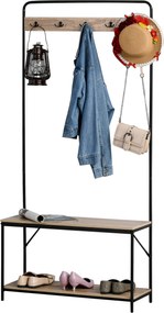 HOMCOM Ipari Stílusú Kabáttartó Pad és Cipőtartó, Vintage Fa és Fekete Acél Előszobabútor | Aosom