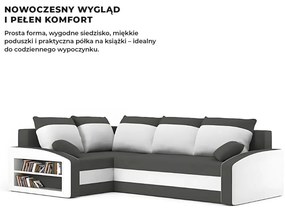 Grande sarokkanapé polcokkal , polc a bal karfaban, baloldali, szövet anyag, hab töltet, szürke - fehér