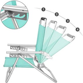 Hordozható strandszék 4 pozícióban dönthető háttámlával, összecsukható, légáteresztő és kényelmes szövet, zöld