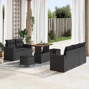 8 darabos kerti kanapé szett párnákkal fekete poly rattan akáccal, 3 darabos kerti étkező szett párnákkal fekete poly rattan akáccal