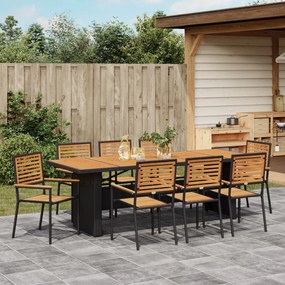 9 darabos kerti étkezőszett fekete poly rattan akáciából