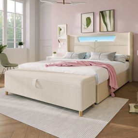 Kárpitozott ágy 140x200cm Franciaágy Led tárolórekesz USB+Lábtartó bézs