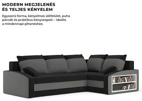 Grande sarokkanapé polcokkal , polc a jobb karfaban, jobboldali, szövet anyag, bonell töltet, fekete - szürke