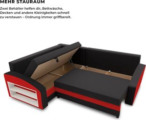 Grande sarokkanapé polcokkal , polc a bal karfaban, baloldali, szövet anyag, bonell töltet, fekete - piros