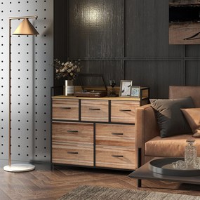 HOMCOM 7 Fiókos Szövet Szekrény - Fekete Acél Keret - 98 x 29 x 85 cm, Hálószoba, Előtér, Nappali, Fekete és Természetes | Aosom