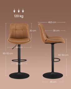 VASAGLE bárszék szett (2 db), magasságában állítható konyhai bárszékek, karamellbarna