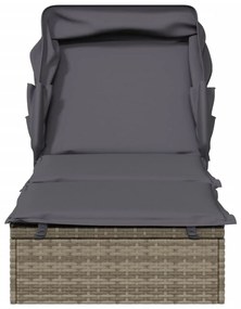 Szürke polyrattan napozóágy összecsukható tetővel 213x63x97 cm