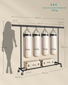 Ruhatartó állvány kerekekkel, nagy teherbírású gurulós gardróbállvány, max. 150 kg terhelhetőség, fekete