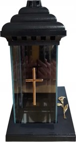 Üveg Mécses Kápolna Négyzet Fekete Arany Kereszttel És Kálával Magasság 32