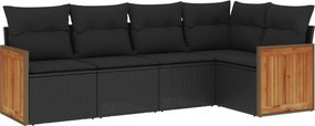 vidaXL 5 részes fekete polyrattan kerti kanapészett párnákkal