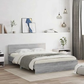 szürke sonoma színű ágykeret fejtámlával és LED-del 150x200 cm