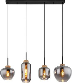 Globo 15549-4H Függeszték fém matt fekete, füstszínű üveg, natúr kender színű, fekete PVC kábel, 4 különböző üvegforma, HxSzxM.: 960x230x1200mm, üveg átmérő: 1x 18,5cm, 12cm, 16cm, 23cm egyenként, nem tartozék: 4x E27 40W 230V