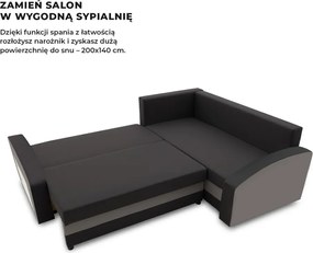 Grande sarokkanapé polcokkal , polc a bal karfaban, jobboldali, szövet anyag, hab töltet, fekete - szürke