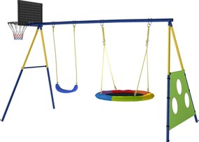 AIYAPLAY 4 az 1-ben gyerek hinta – acél A-váz, fészekhinta, ülőhinta, kosárpalánk és focikapu, állítható kötelek, 3–8 éveseknek, 288 x 160 x 220 cm |