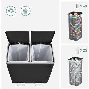 Légmentes fém pedálos dupla szemetes 2 x 30L, 15 szemeteszsákkal, fekete