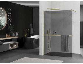 Mexen Kioto+, Walk-In zuhany paraván polccal és akasztóval 110 x 200 cm, 8mm szürke üveg, arany matt profil, 800-110-121-55-40